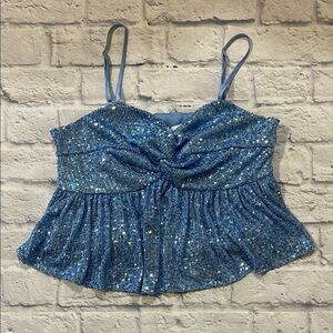 Endless Rose Dusty Blue Sequin Flowy Crop Top Tank Adjustable Straps NWT